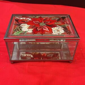 Amia Holiday Poinsettia Floral Ribbons Beveled Glass Footed Jewelry Box *Flawed*